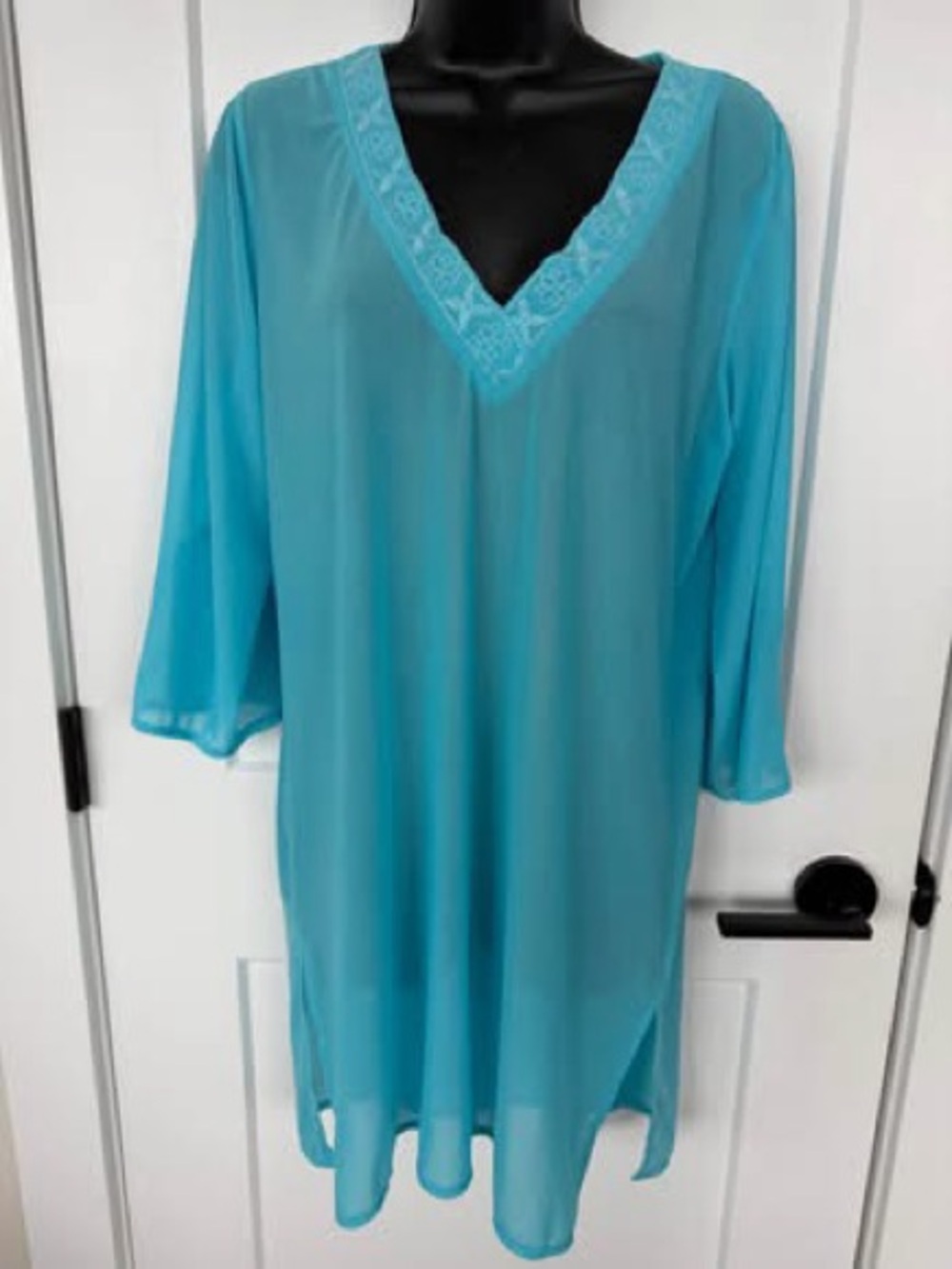 BEACH COVER UP- Sheer V-Neck Tunic Cover-Up in  Aqua blue fits woman’s size M/L